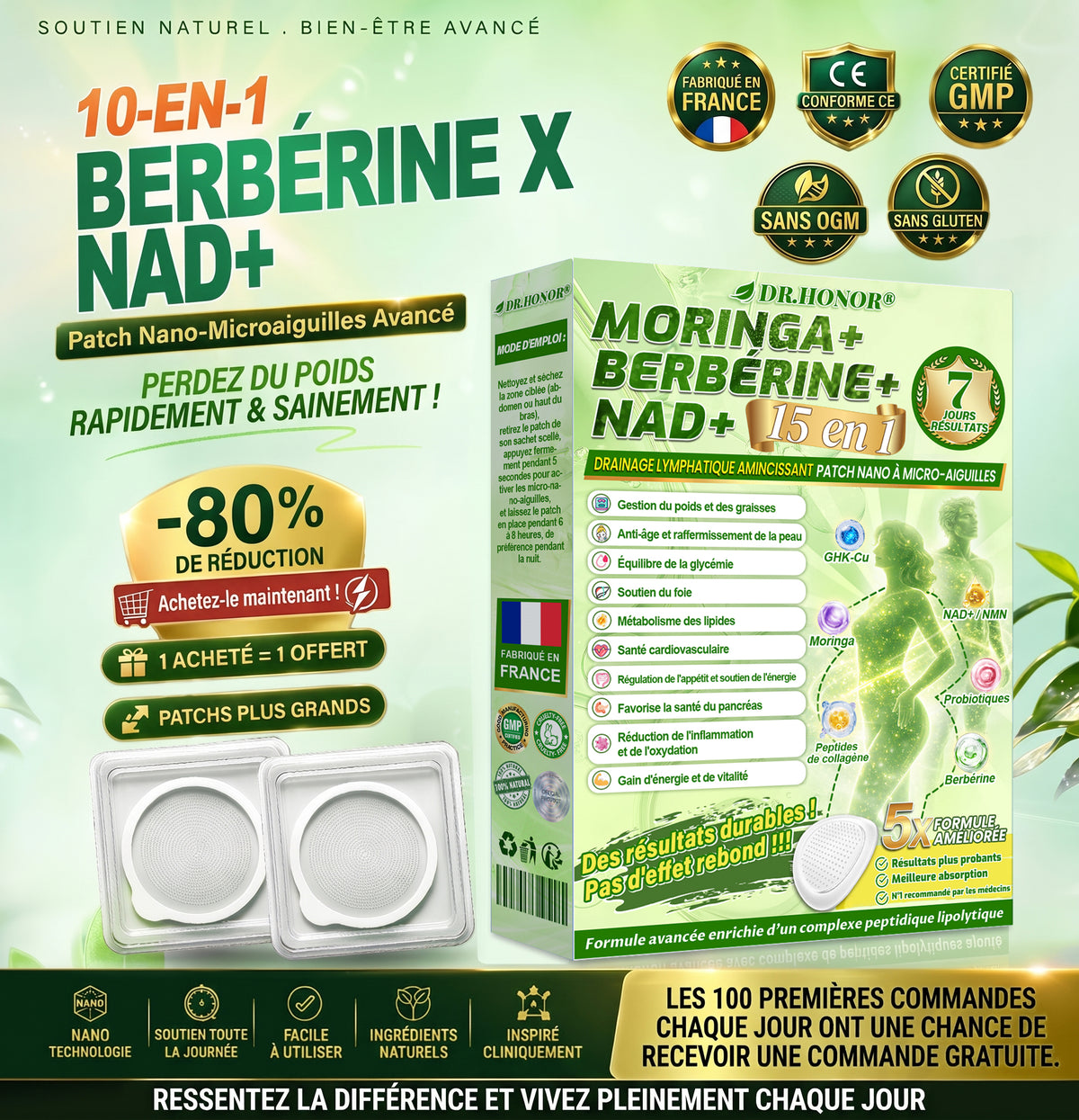 🎁 𝐃𝐑.𝐇𝐎𝐍𝐎𝐑® 🇫🇷 Profitez de 50 % de remise supplémentaire ! Patch minceur à nano-microaiguilles au moringa et à la berbérine. Prenez soin de votre silhouette avec une seule application par jour. Faites-vous plaisir !
