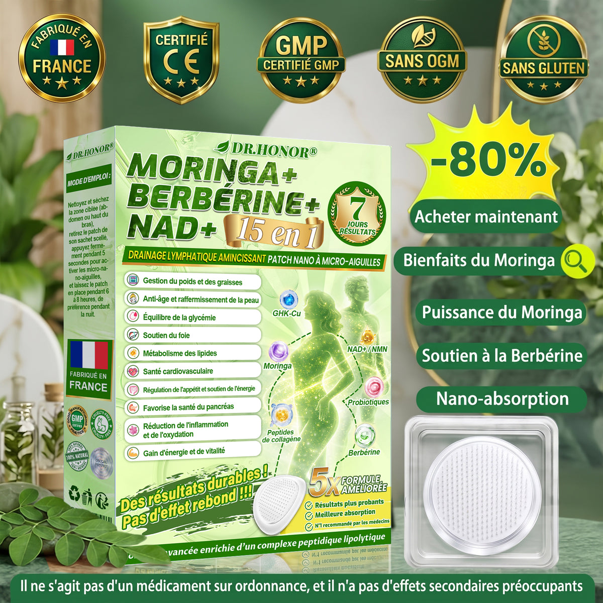 🎁 𝐃𝐑.𝐇𝐎𝐍𝐎𝐑® 🇫🇷 Profitez de 50 % de remise supplémentaire ! Patch minceur à nano-microaiguilles au moringa et à la berbérine. Prenez soin de votre silhouette avec une seule application par jour. Faites-vous plaisir !